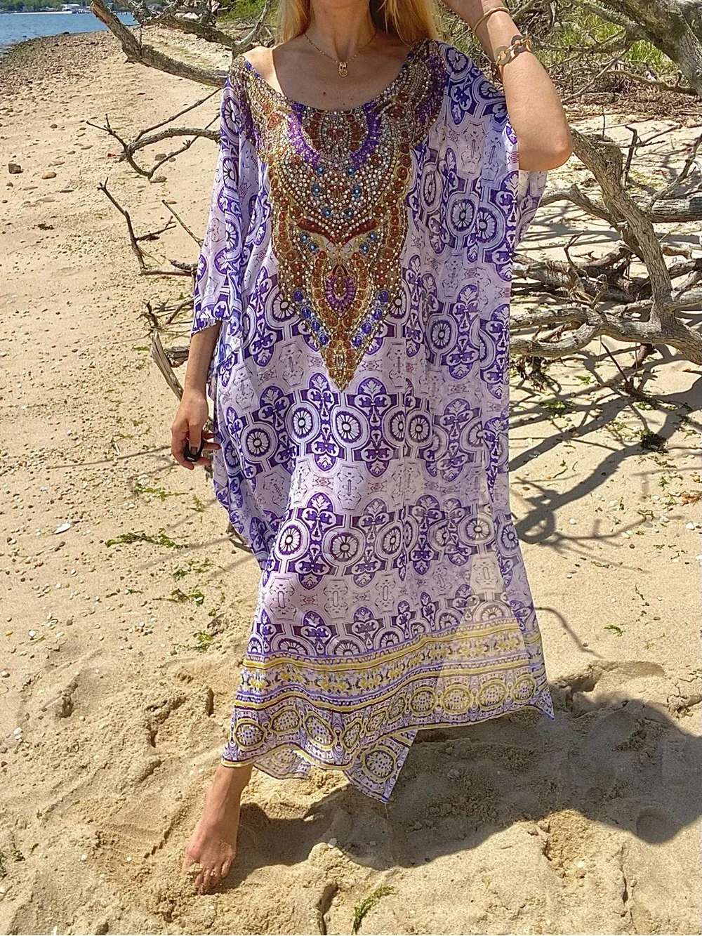 RANEE’S Boho Purple Embellished Kaftan Style Beach Cover-Up! 🐚